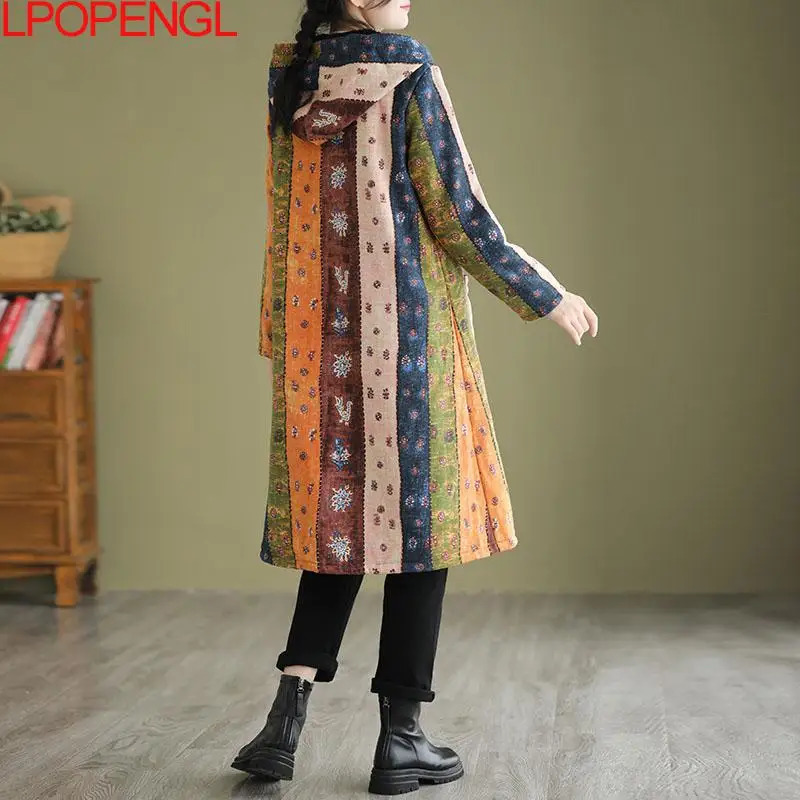 Women's Down Parkas Fashion Autumn And Winter Ethnic Style Thickened Mid-length Hooded Cotton Jacket Women Single Breasted Wide-waisted Coat 2310