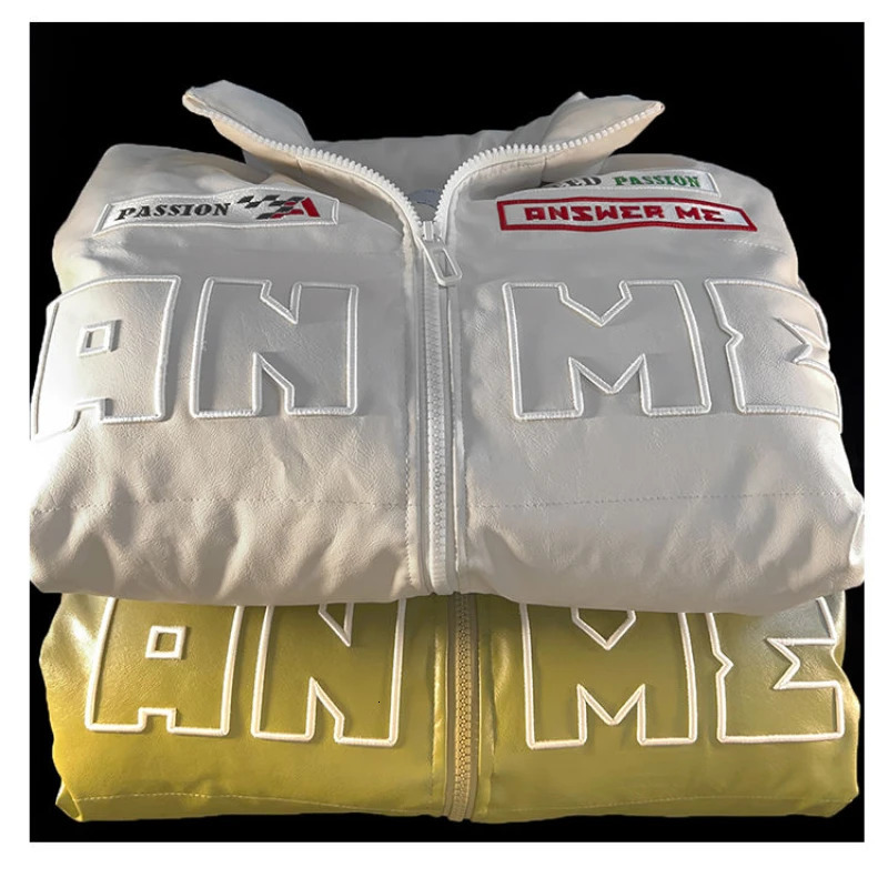 Men's Down Parkas American Letter Embroidered PU Leather Bread Jacket Y2K Fashion Casual Motorcycle Cotton-padded Clothes For Men And Women. 2310