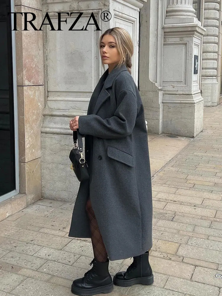 Women's Wool Blends TRAFZA Women Lapel Straight Overcoat Casual Double-Breasted Office Ladies Long Coat Autumn Winter Solid Streetwear Coats 2310