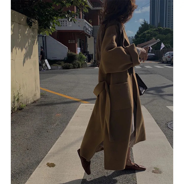 Women's Wool Blends Korea Autumn And Winter Woolen Overcoat Women X-Long Loose Lacing Belt Black Gray Double Sided 100% Wool Coat Jacket 231025