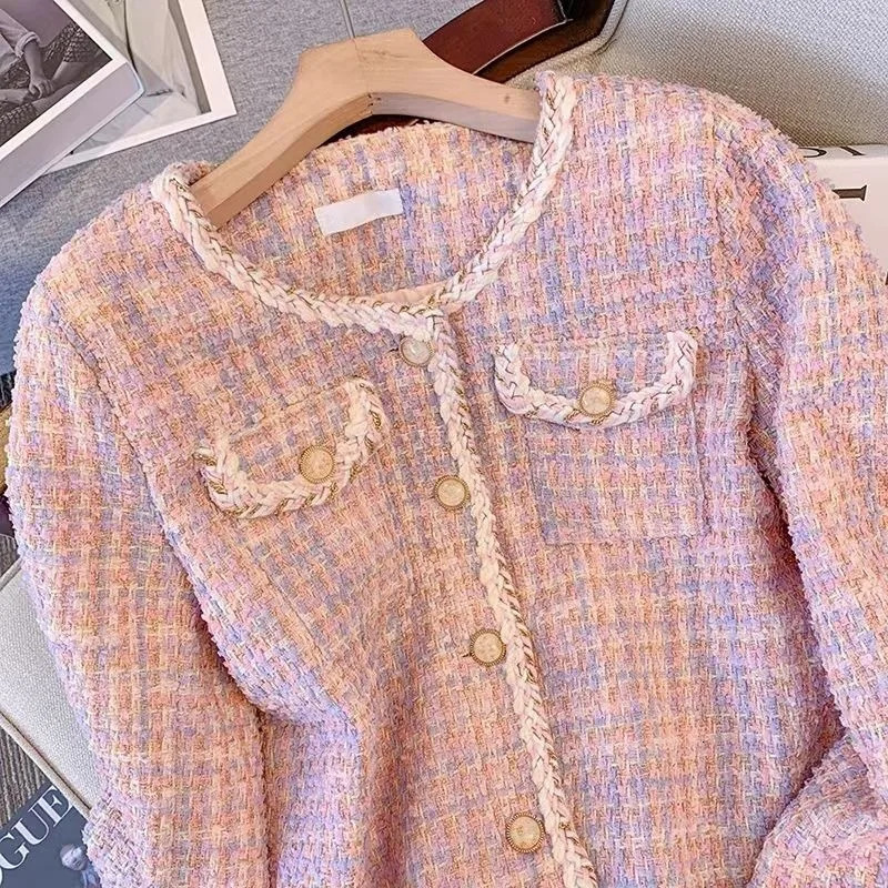 Women's Jackets Women Pink Plaid Tweed Coat Jacket Women's Outwear Tops Spring Autumn Elegant Long Sleeve Single Breasted Overcoat Female 23