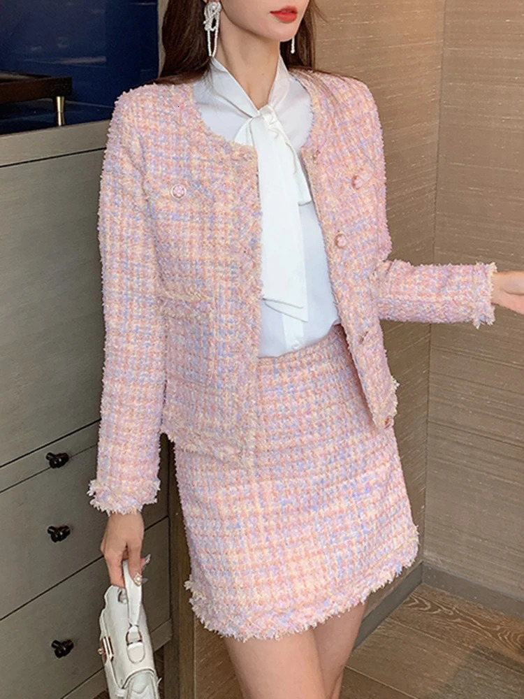 Two Piece Dress Pink Tweed Two Piece Sets Womens Outifits Elegant Sweet Long Sleeve O Neck Coats High Waist Mini Skirts Autumn Winter 231026