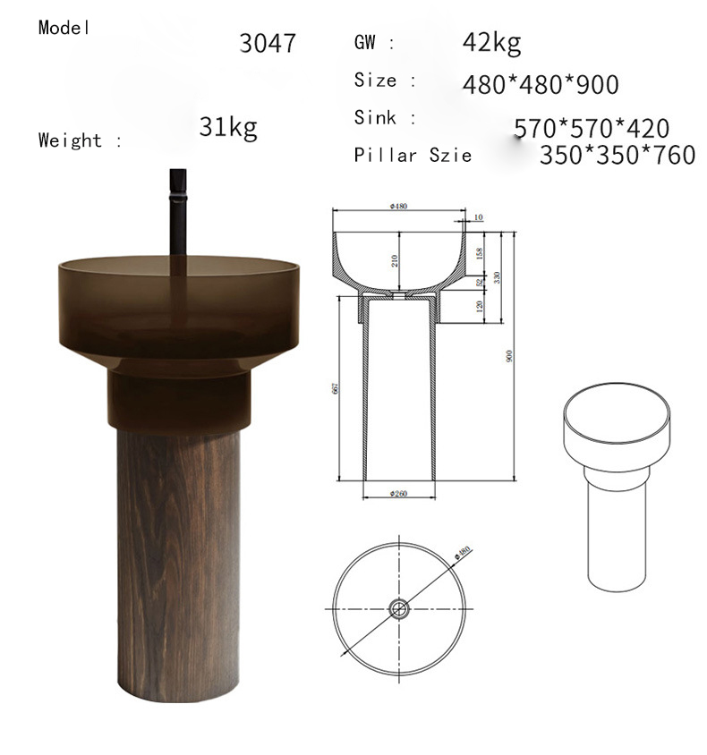 480X480X900mm Round Resin Acryli Bathroom Pedestal Wash Basin Freestanding Translucent Sink Cloakroom Vanity Colored Vessel Sink RS3047