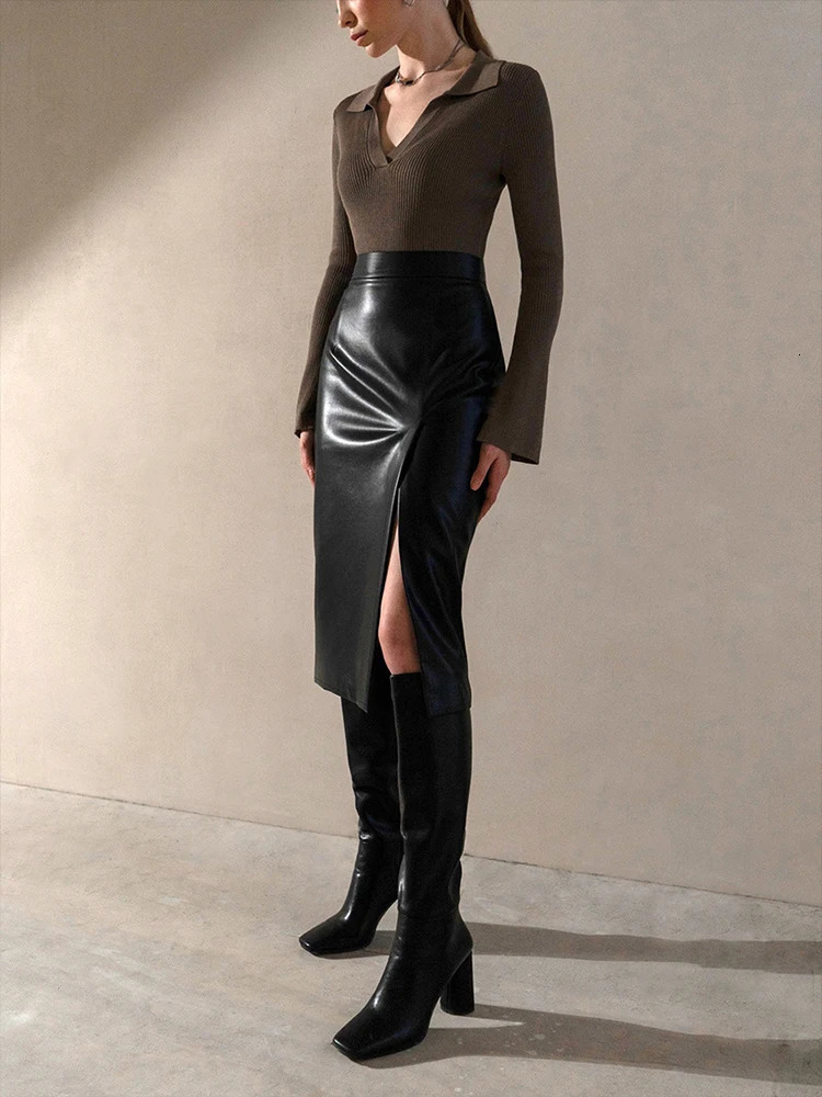 Skirts Autumn Winter Women Sexy Midi Leather Skirts Solid Black High Waist Office Pencil Slit Skirt For Women 231025