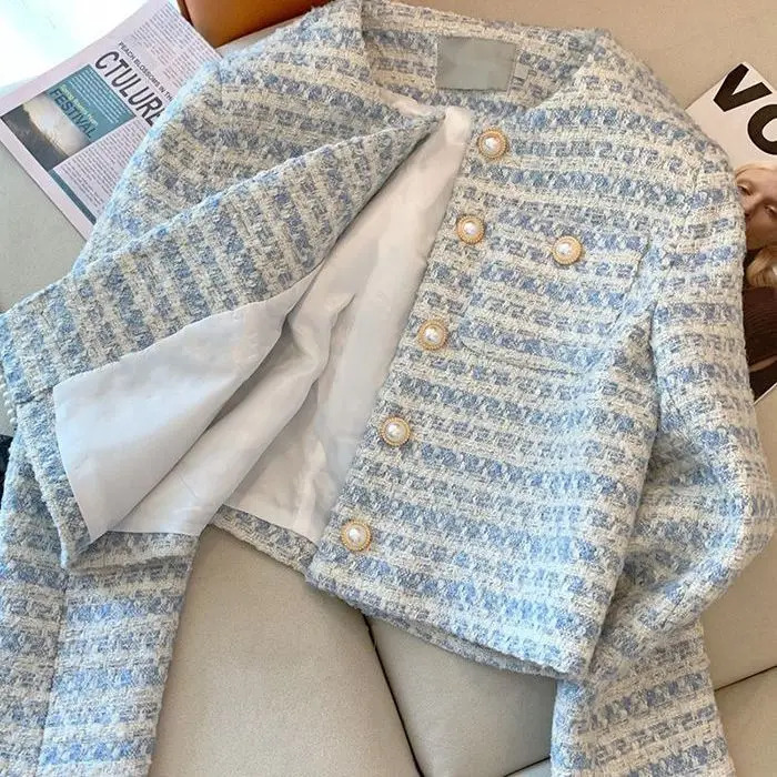 Women's Jackets Striped Tweed Striped Crop Jackets Tops Women Autumn Button Pockets Long Sleeve Korean Vintage Female Outerwear Tops Coat 231026