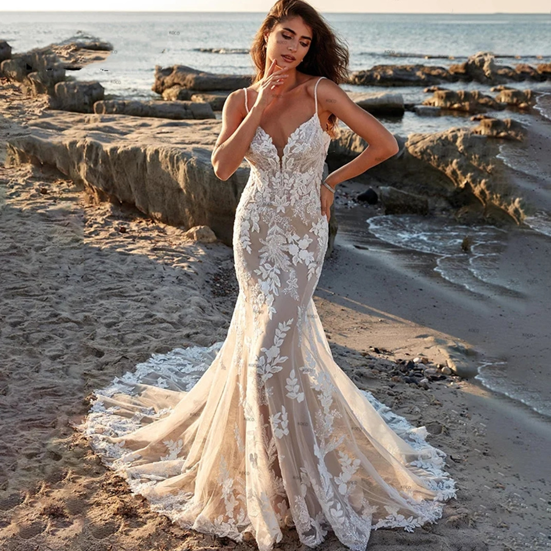 Boho Mermaid Floral Weeding Dress Deep V-Neck Lace Appliques Bridal Gownss Brides Robes De Mariee