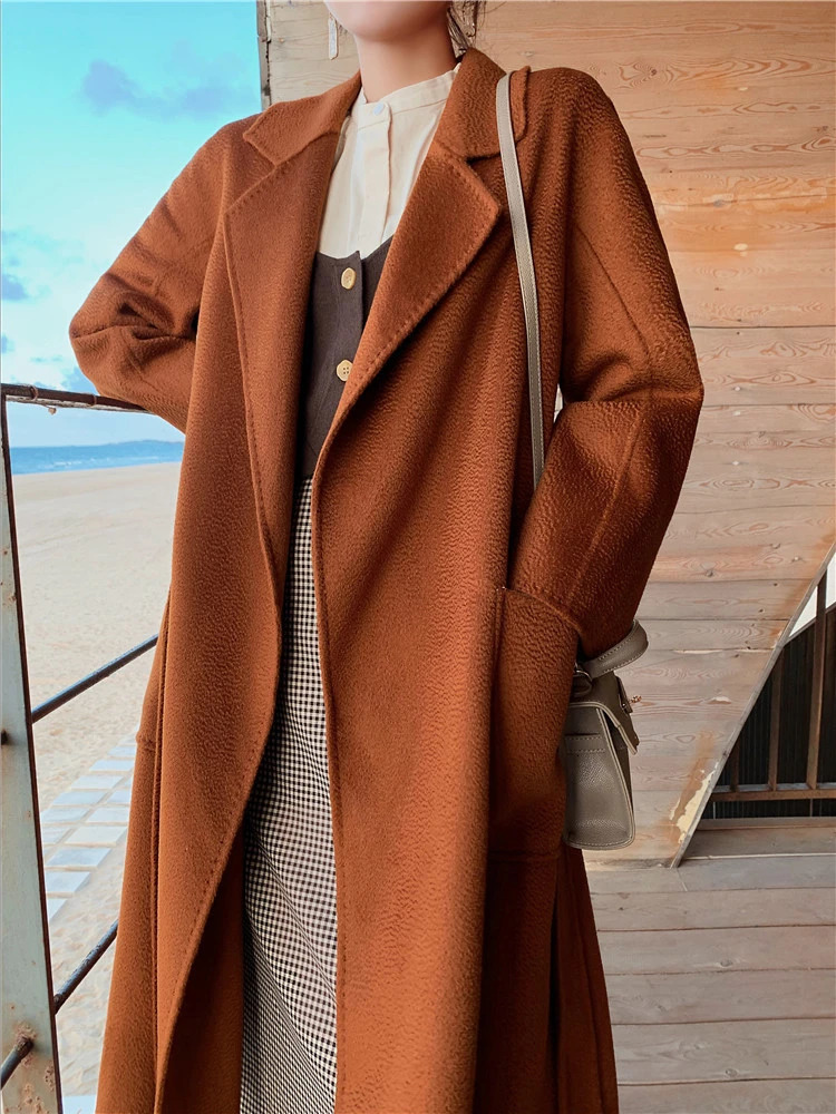 Women's Wool Blends Women Double-Sided 20% Cashmere Wool Coat Jacket Women Long Beautiful Woolen Winter Autumn Warm Fashion Water Ripple Cloak 23