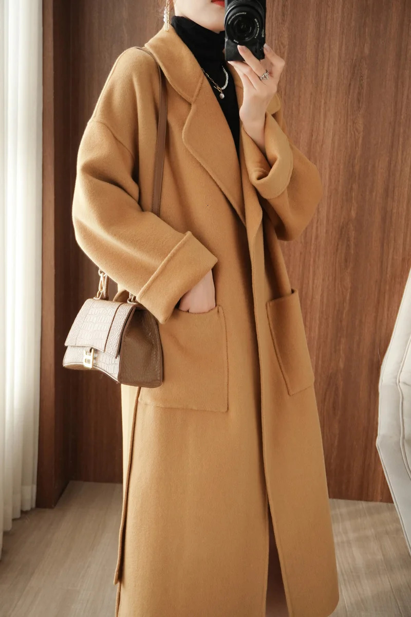 Women's Wool Blends Autumn and Winter pure wool reversible woolen coat Women's Mid-length woolen coat loose overknee cashmere woolen coat th