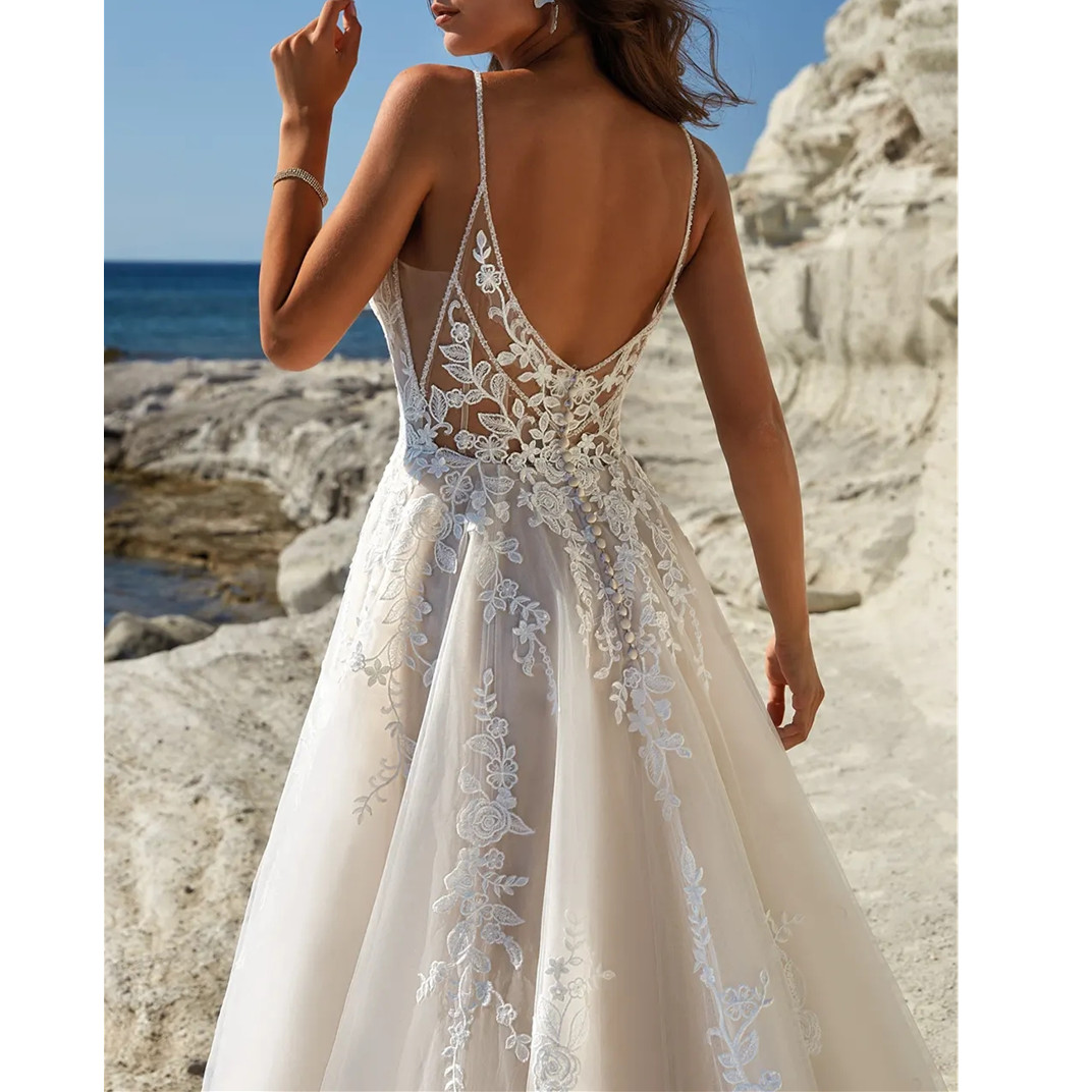 V Neck Side Split Wedding Dresses Backless A-E Lace Appliqued Boho Party Gowns Vestidos De Novia 6660312