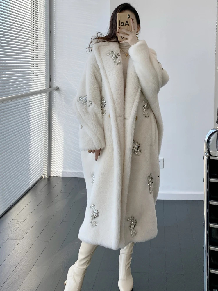 Women's Fur Faux Fur Elegant White Teddy Bear Coat Women's High Quality Mid-length Loose Warm Wool Alpaca Hair Profile Fashion Fur Jacket 23