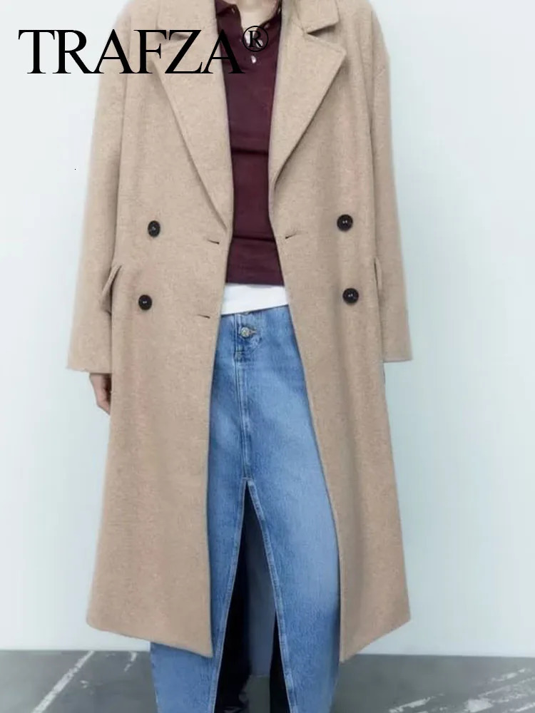 Women's Wool Blends TRAFZA Women Lapel Straight Overcoat Casual Double-Breasted Office Ladies Long Coat Autumn Winter Solid Streetwear Coats 2310