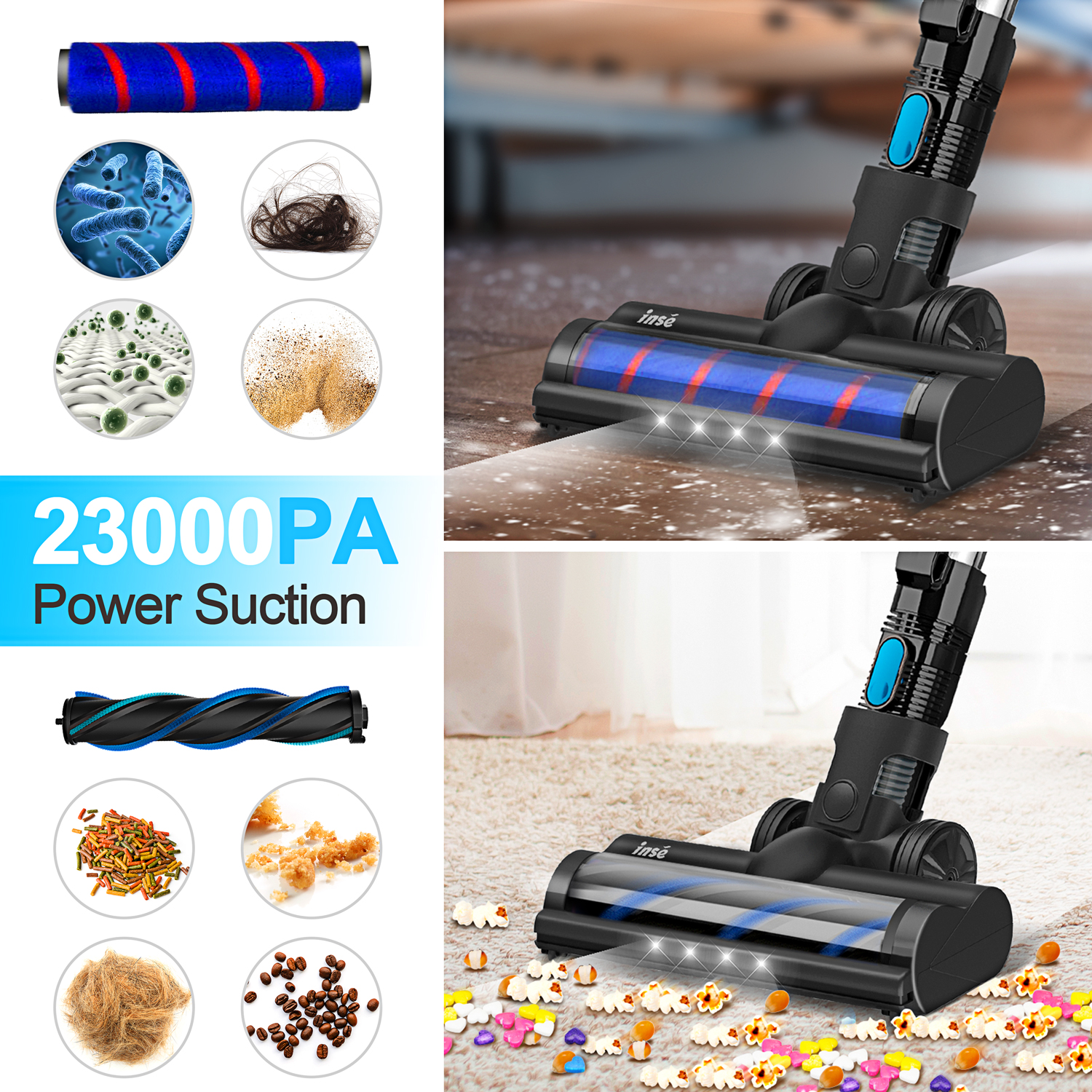 INSE Cordless Vacuum Cleaner with 2 Battery Up to 90Mins Runtime, 10-in-1 28KPa 300W Brushless Stick Vacuum, Lightweight Vacuum for Carpet Hard Floor 