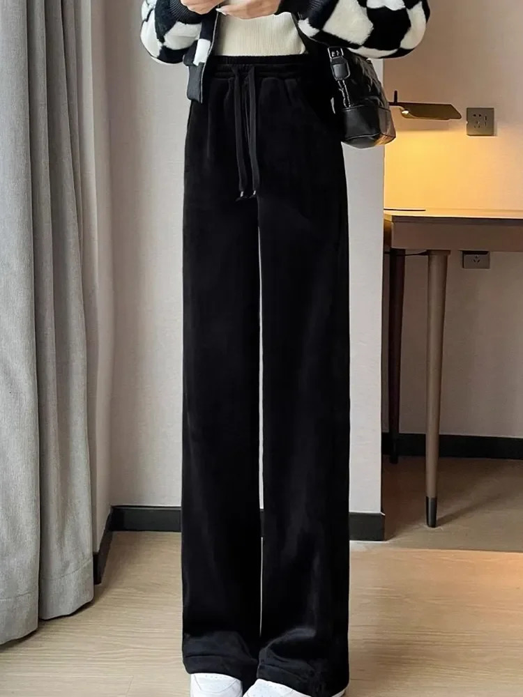 Women's Pants Capris Winter Warm Thicken Lambwool Fluff Wide Leg Pants Women Korean Fashion Casual Snow Wear Pantalone Baggy Plush Fleece Spodnie