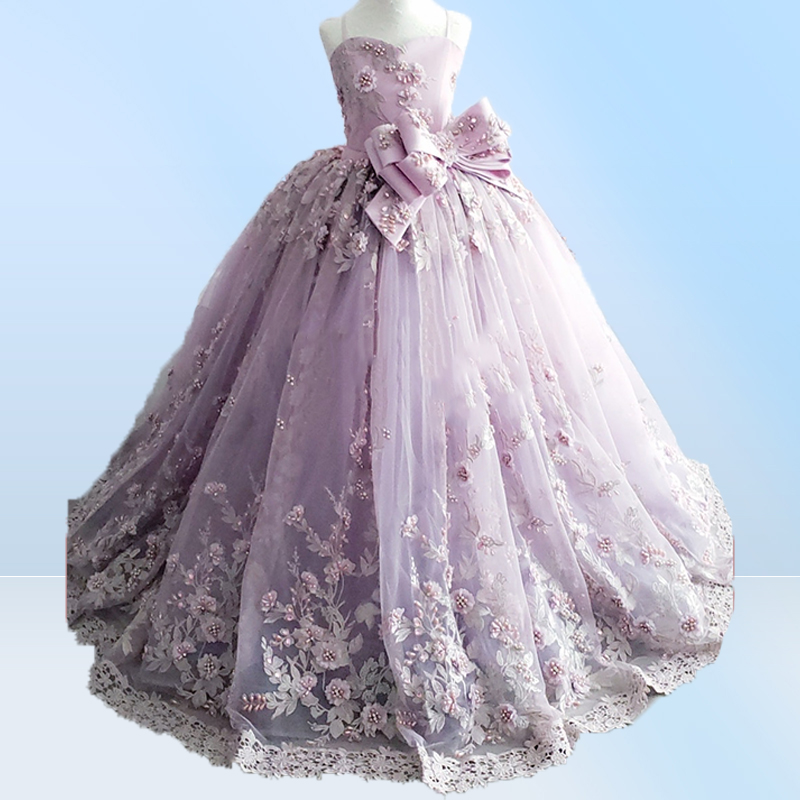 Lavender Beaded Ball Gown Girls Pageant Dresses Spaghetti Straps Princess Flower Girl Dress Appliqued First Communion Dress