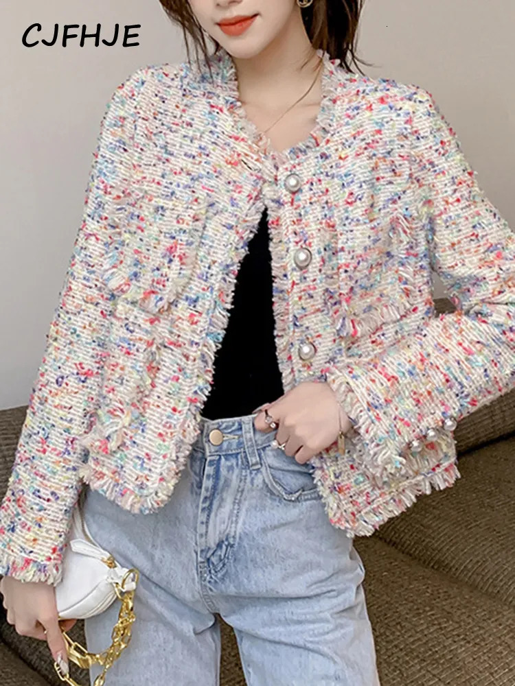 Women's Jackets CJFHJE Fragrant Coat Women's Autumn Winter French Fashion Rainbow Color Tweed Fringed Coat Ladies Sweet Short Wool Jacket 23