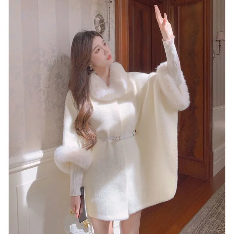 Women's Wool Blends Winter Women Solid Elegant Faux Fur Collar Loose Woolen Coats Women Mid-length Korean Sleeveless Casual Ladies Cape Coats 231