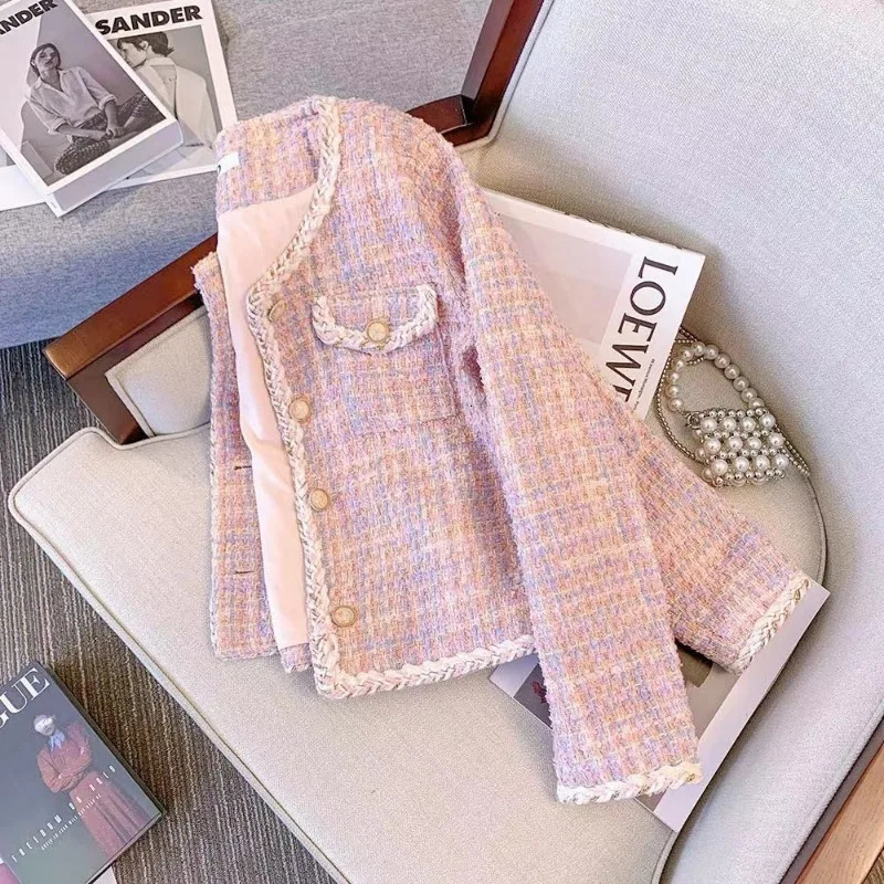 Women's Jackets Women Pink Plaid Tweed Coat Jacket Women's Outwear Tops Spring Autumn Elegant Long Sleeve Single Breasted Overcoat Female 23