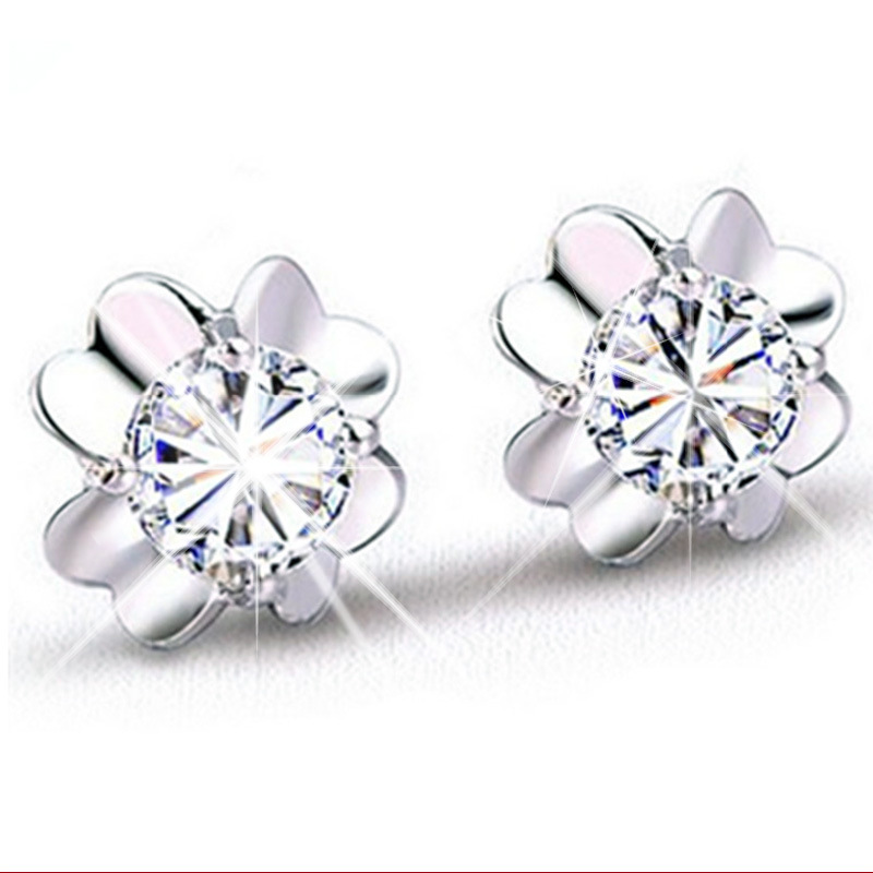 Women's Sterling Silver Round CZ Stud Earrings - Luck-Inspired Design for Festivals