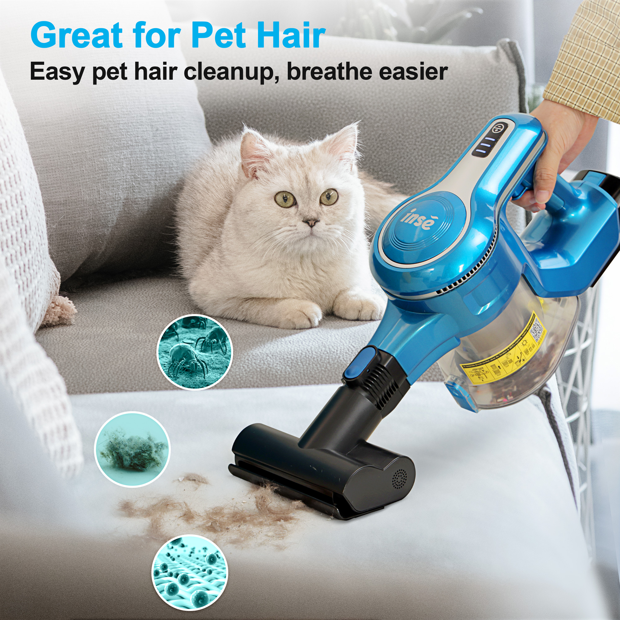 INSE Cordless Vacuum Cleaner, 10-in-1 28Kpa Powerful Cordless Stick Vacuum with Pet Hair Tool, Rechargeable Cordless Vacuum 45min Runtime Lightweight 