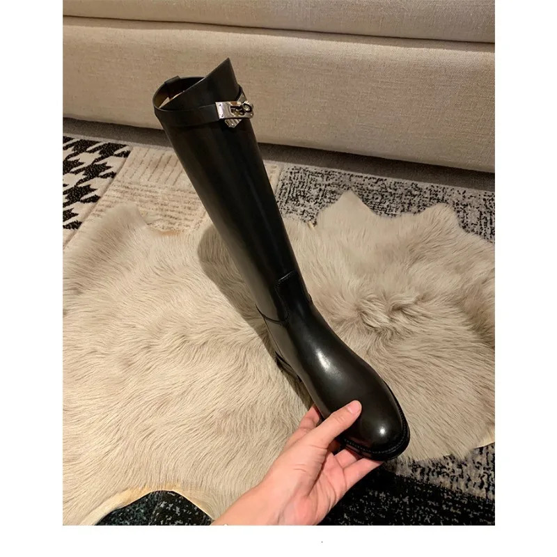 Boots Thigh High Brown Women Vintage Leather Square Heel Knee Height Buckle Boot Keep Warm Round Toe Shoes British Style 231026