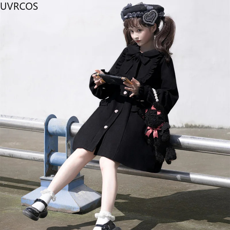 Women's Wool Blends Winter Women's Woolen Coat Japanese Lolita Style Sweet Kawai Bow A-Line Loose Jackets Female Elegant Fall Korean Fashion
