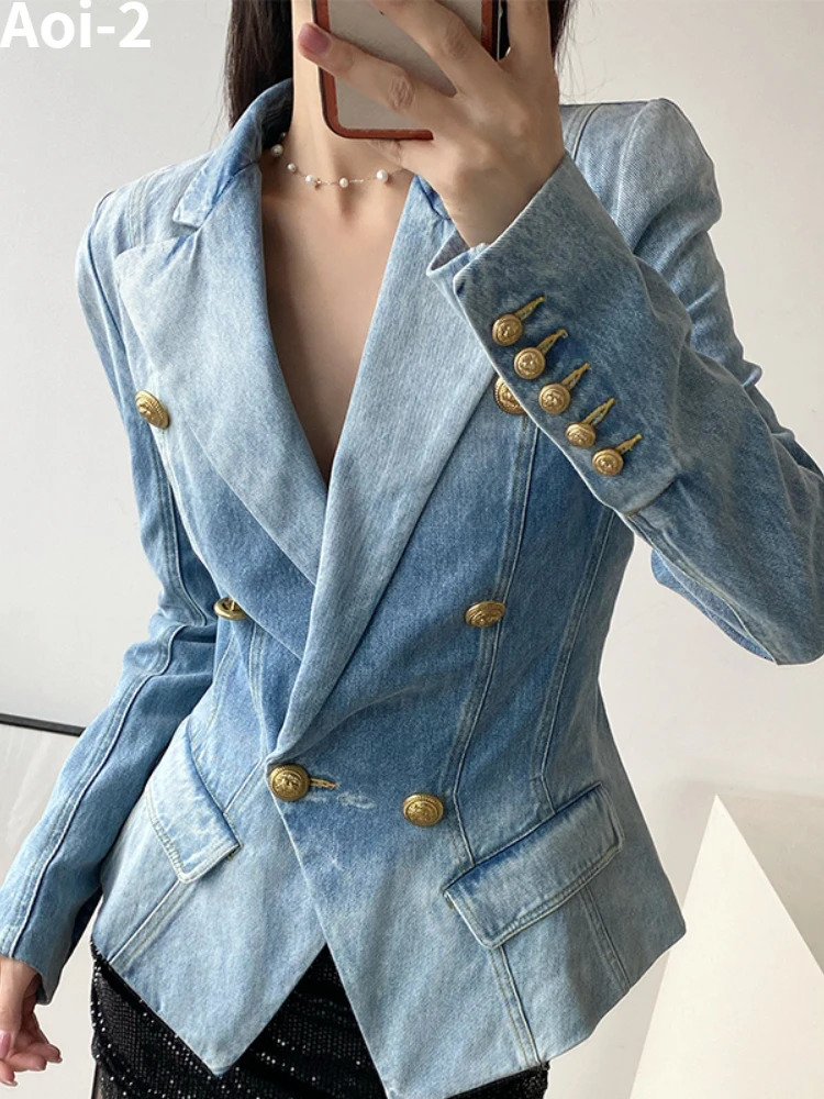 Womens Suits Blazers Vintage Denim Coat Women Autumn European American Fashion Slim Fit Top Elegant Allmatch Plus Size Suit Jacket 5XL 231025