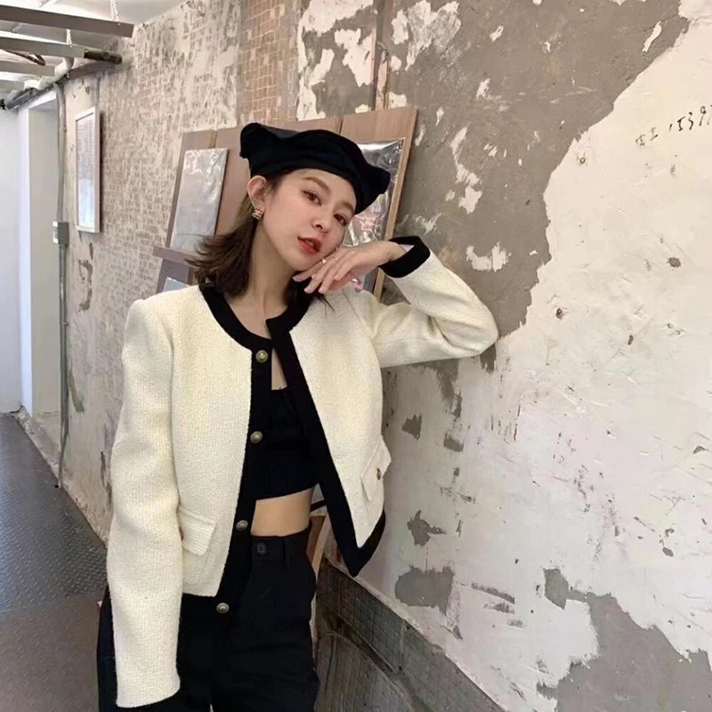 Women's Jackets Vintage Elegant Tweed Cropped Jackets Women Korean Patchwork Short Coat Spring Autumn Streetwear All Match Casual Outerwear Tops 