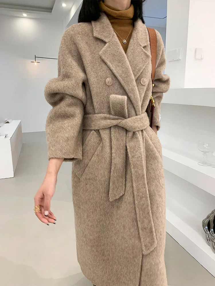 Women's Wool Blends High-end Women Wool Herringbone Loose Double-sided Wool Coat Temperament Handmade Natural Wool Fashion Jacket Autumn Winter 2
