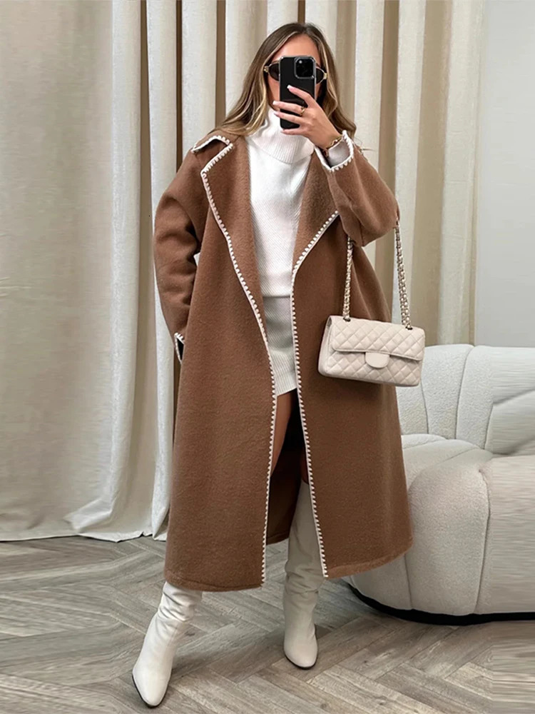 Women's Down Parkas Women Patchwork Splice Woolen Maxi Coat Long Coat Elegant Long Sleeve Solid Loose Jacket Autumn Winter Lady Outerwear 231025