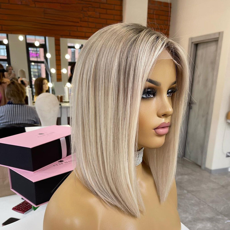 Peruvian Human Hair Ombre Ash Blonde Colored Short Bob 13X4 Lace Front Wig Gluelesspixie Cut Straight Synthetic Frontal Wigs For Women 250820