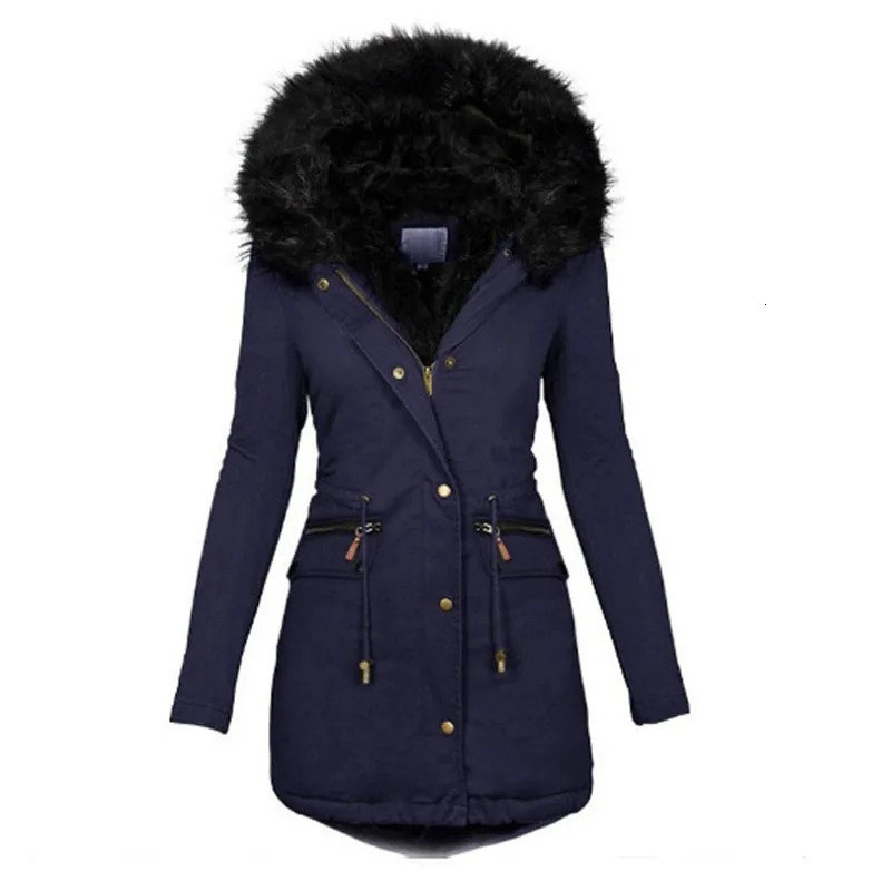 Women's Down Parkas Winter Slim Fit and Slim Women's Solid Color Wool Collar Hooded Mid length Warm Zipper Cotton Coat 231025