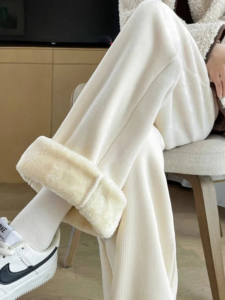 Women's Pants Capris Winter Warm Thicken Lambwool Fluff Wide Leg Pants Women Korean Fashion Casual Snow Wear Pantalone Baggy Plush Fleece Spodnie