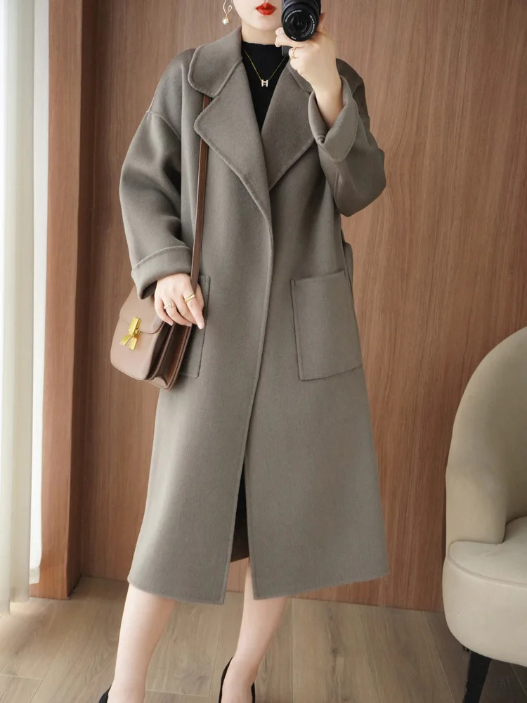 Women's Wool Blends Autumn and Winter pure wool reversible woolen coat Women's Mid-length woolen coat loose overknee cashmere woolen coat th