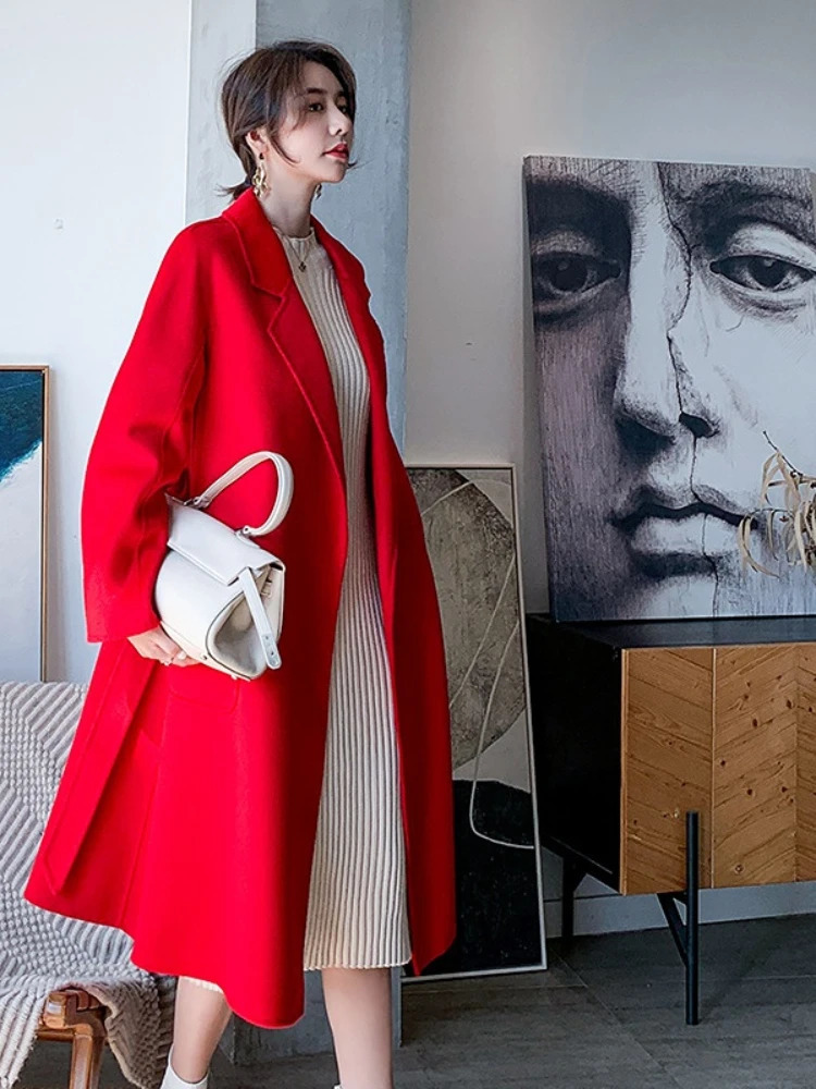 Women's Wool Blends Women Double-Sided 20% Cashmere Wool Coat Jacket Women Long Beautiful Woolen Winter Autumn Warm Fashion Water Ripple Cloak 23