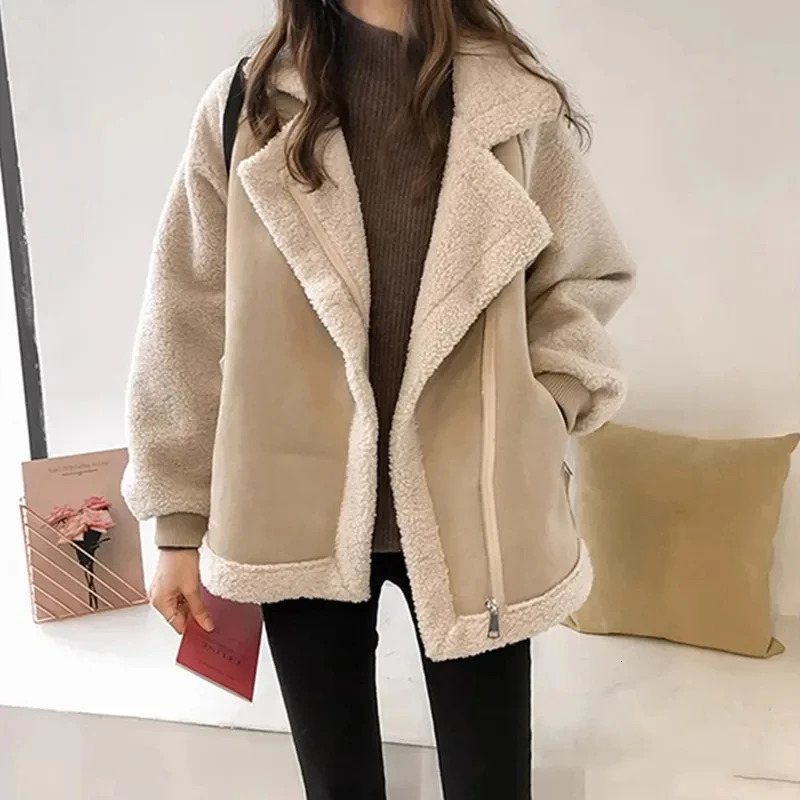 Women's Wool Blends Woolen Jacket Women Winter Long Sleeve Lapel Thicken Female Coat Fashion Street Zipper Pocket Loose Warm Lady Outwear 231025