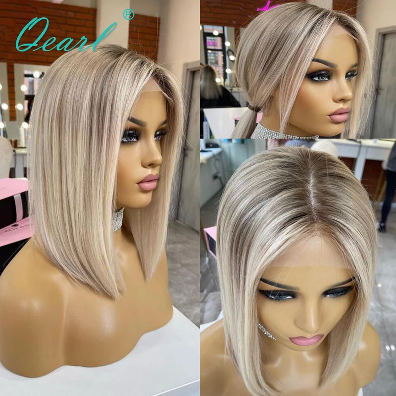 Peruvian Human Hair Ombre Ash Blonde Colored Short Bob 13X4 Lace Front Wig Gluelesspixie Cut Straight Synthetic Frontal Wigs For Women 250820