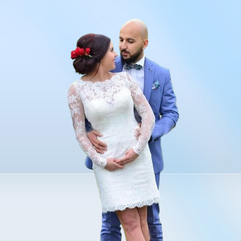 Long Sleeve Short Sheath Wedding Dresses Jewel Neck Simple Design Vestidos de Noiva Mini Bridal Gowns