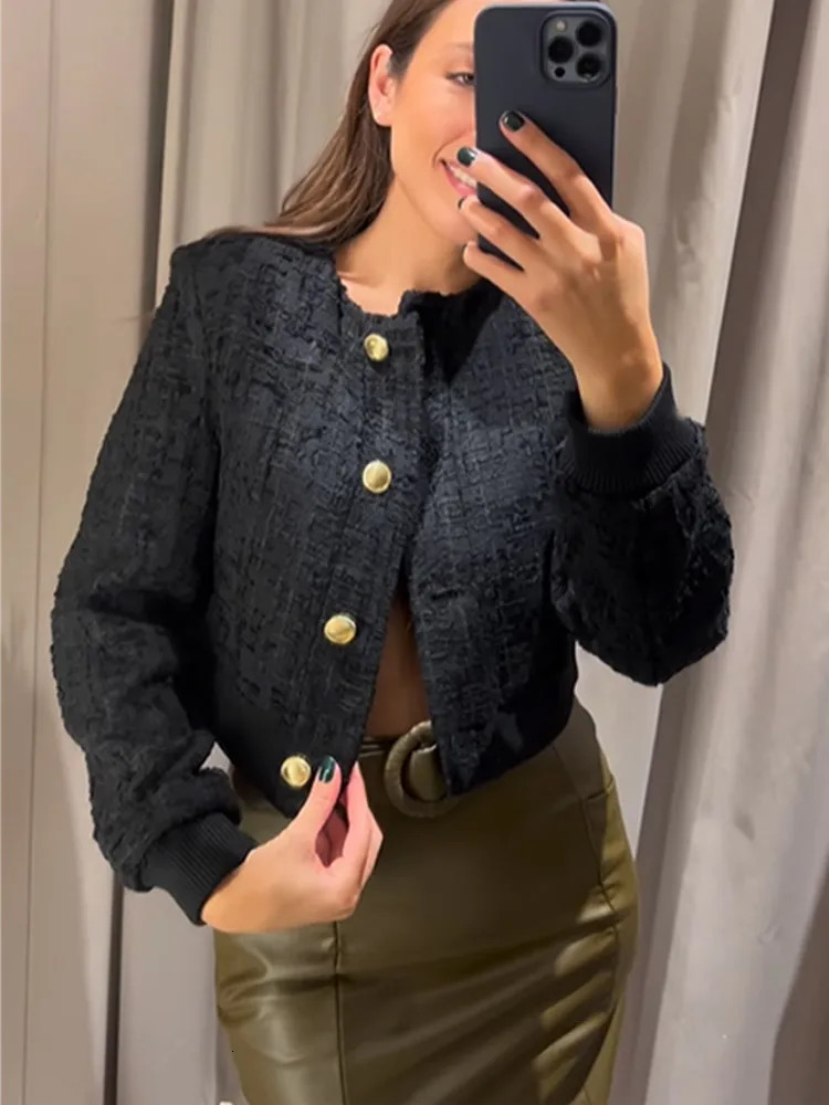 Women's Jackets Tweed Short Bomber Jacket Women Autumn Winter Casual Frayed Single-breasted Solid Short Coats Elegant Office Lady Jackets 231026