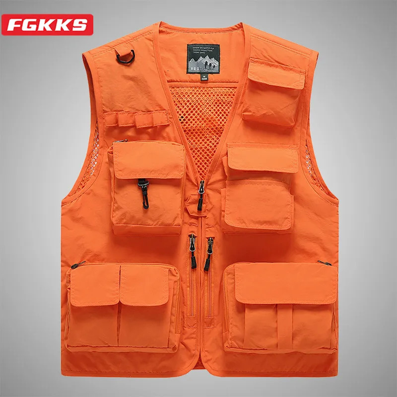Men's Vests FGKKS Men's Vest Multi-Pocket Thin Trend Mesh Breathable Detachable Waistcoat Outdoor Mountaineering Fishing Casual Vest Male 23