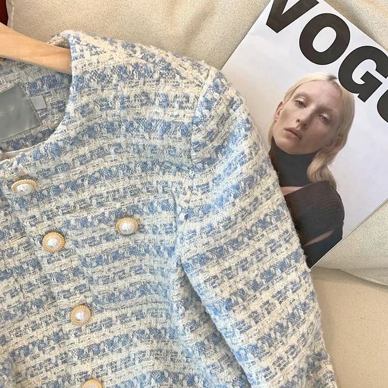 Women's Jackets Striped Tweed Striped Crop Jackets Tops Women Autumn Button Pockets Long Sleeve Korean Vintage Female Outerwear Tops Coat 231026