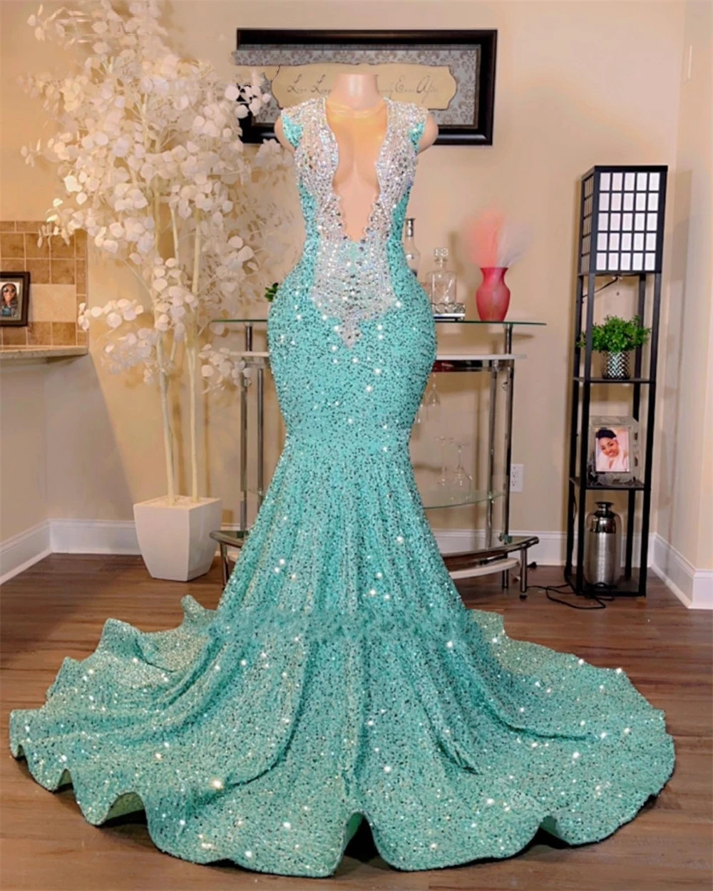 Green Mint Sequin Mermiad Dresses Black Girl For Robe De Bal Sheer Neck Plus Size Sweep Train Prom Party Gowns
