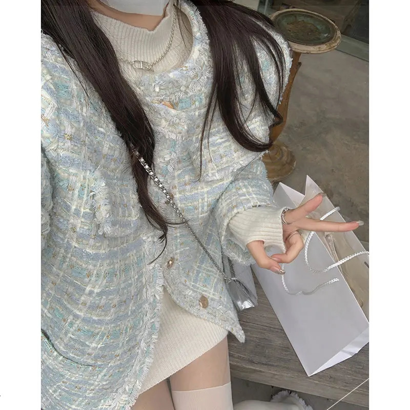 Women's Suits Blazers Spring Blue Woven Tweed Short Suit Coat Women's Loose Round Neck Heavy Industry Ladies 231025