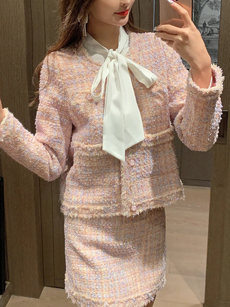 Two Piece Dress Pink Tweed Two Piece Sets Womens Outifits Elegant Sweet Long Sleeve O Neck Coats High Waist Mini Skirts Autumn Winter 231026