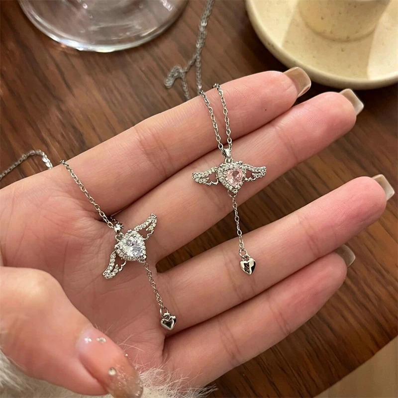 Chokers Kpop Fairy Wings Pink Heart Crystal Pendant Necklace Y2K Egirl Emo Women Clavicle Chain Choker Fashion Jewelry Gifts 231025