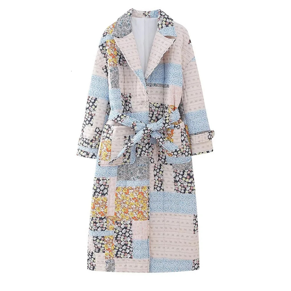 Women's Wool Blends PB ZA 2023 Autumn Fashion European and American Style Casual Belt Printed Quilted Cotton Long Coat 231026