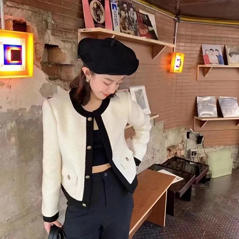 Women's Jackets Vintage Elegant Tweed Cropped Jackets Women Korean Patchwork Short Coat Spring Autumn Streetwear All Match Casual Outerwear Tops 