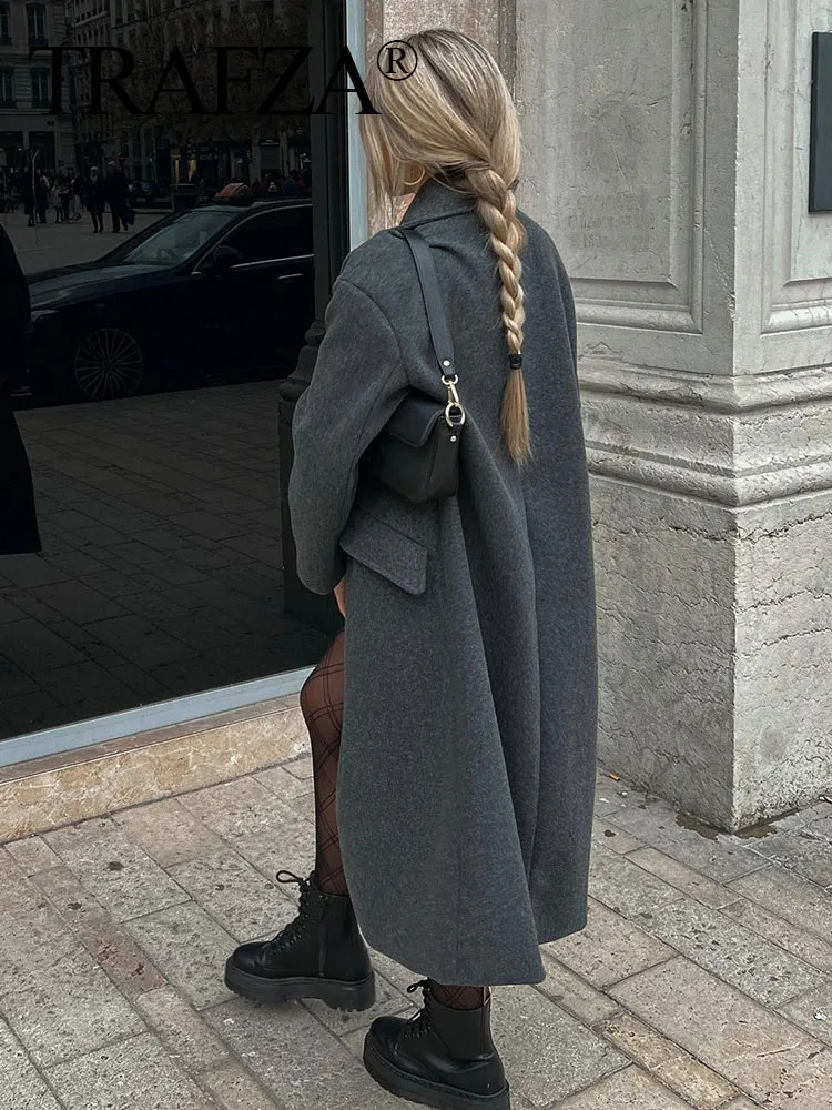 Women's Wool Blends TRAFZA Women Lapel Straight Overcoat Casual Double-Breasted Office Ladies Long Coat Autumn Winter Solid Streetwear Coats 2310