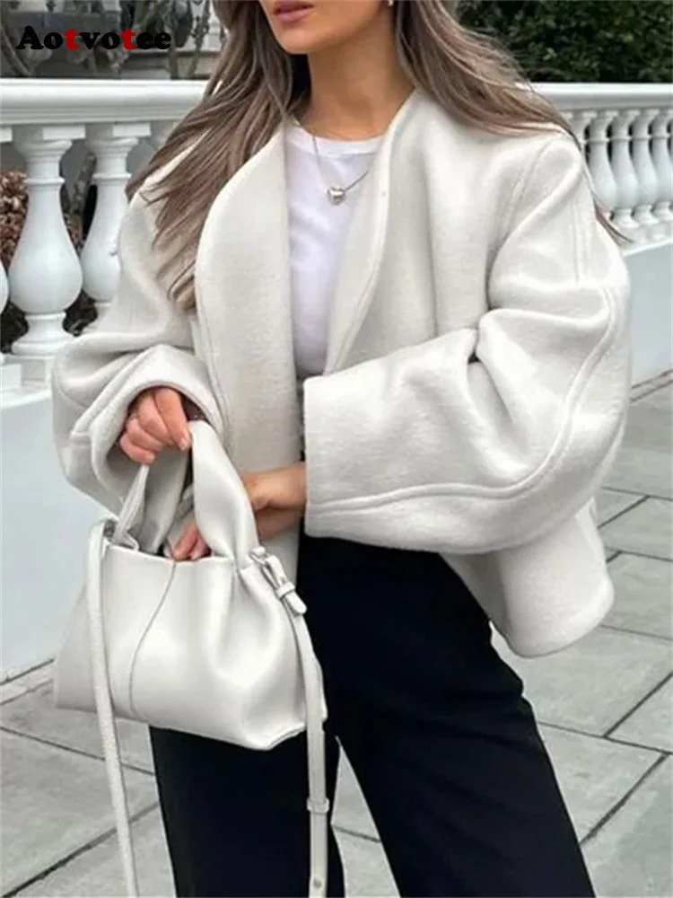 Women's Wool Blends Aotvotee White Wool Coat Women Autumn Winter Fashion Casual V Neck Loose Jacket Vintage Long Sleeve Thicken Chic Coats 231025