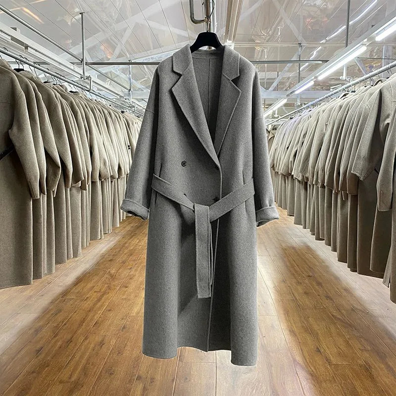 Women's Wool Blends Winter Korean Handmade Double Breasted Long 100% Wool Coat Women Casual Loose Lacing Belt Woolen Overcoat Oversized 231025