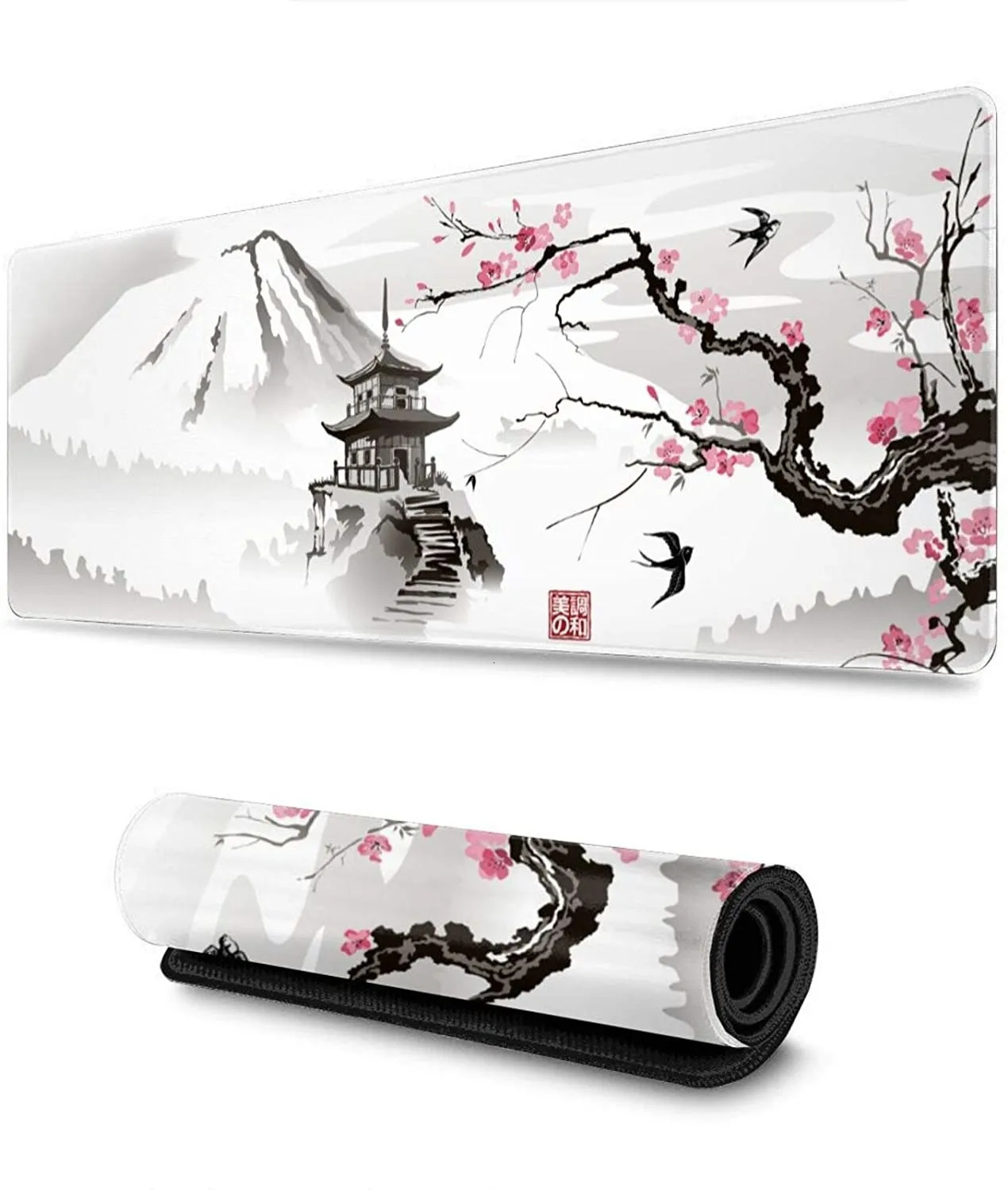 Mouse Pads Wrist Rests Sakura Mousepad Custom Computer Desk Mats Office Laptop Natural Rubber Soft Mouse Pad Japanese Pagoda And Cherry Blossom 231025